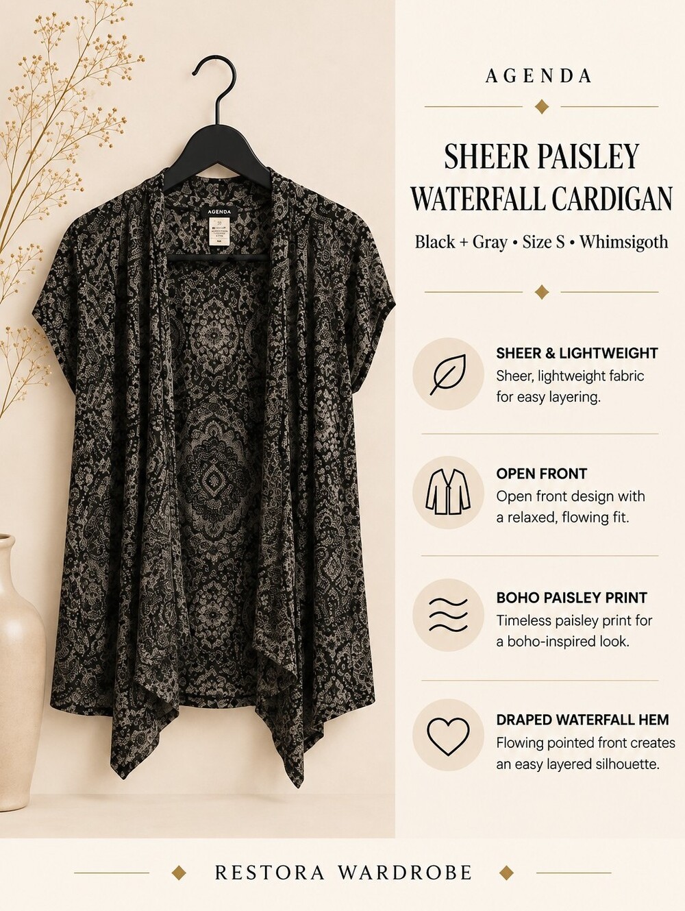 Agenda Sheer Paisley Waterfall Cardigan Black Gray S Whimsigoth